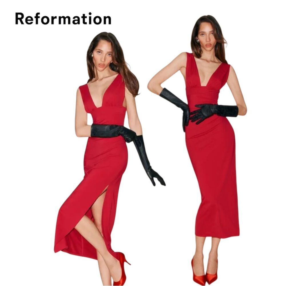 Reformation Red Varun Deep-V Backless Midi Event Dress with High Slit 0